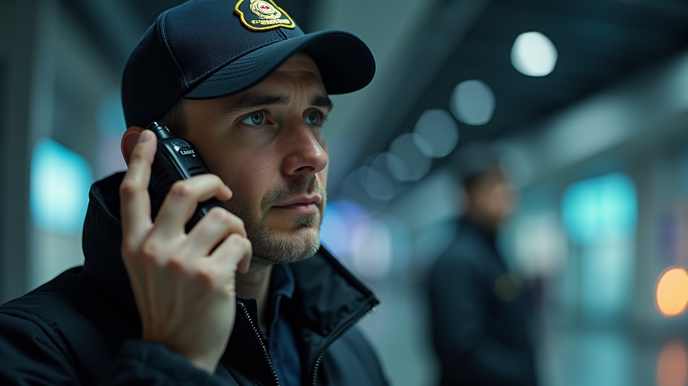 Close-up view of a security guard communicating through a radio device