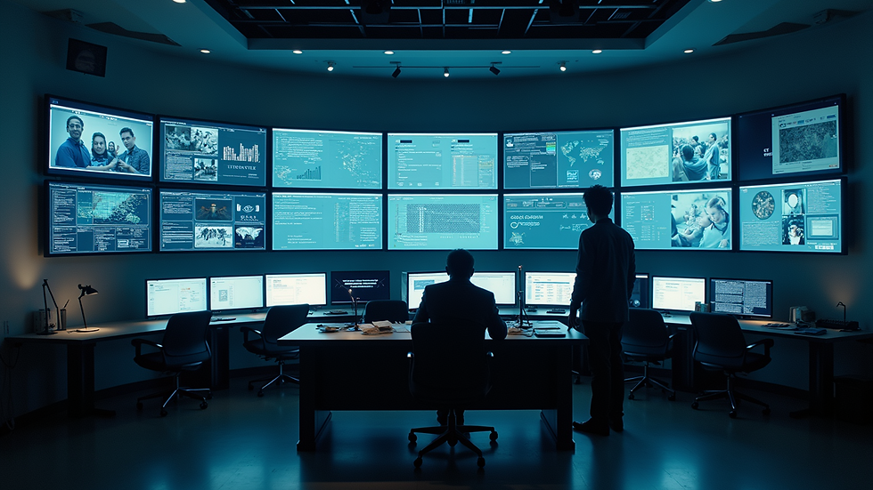 High angle view of a security control room with multiple monitors