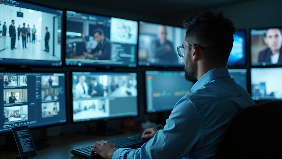 High angle view of a security guard monitoring CCTV screens in a control room