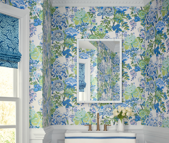 Floral wallpaper in a bathroom