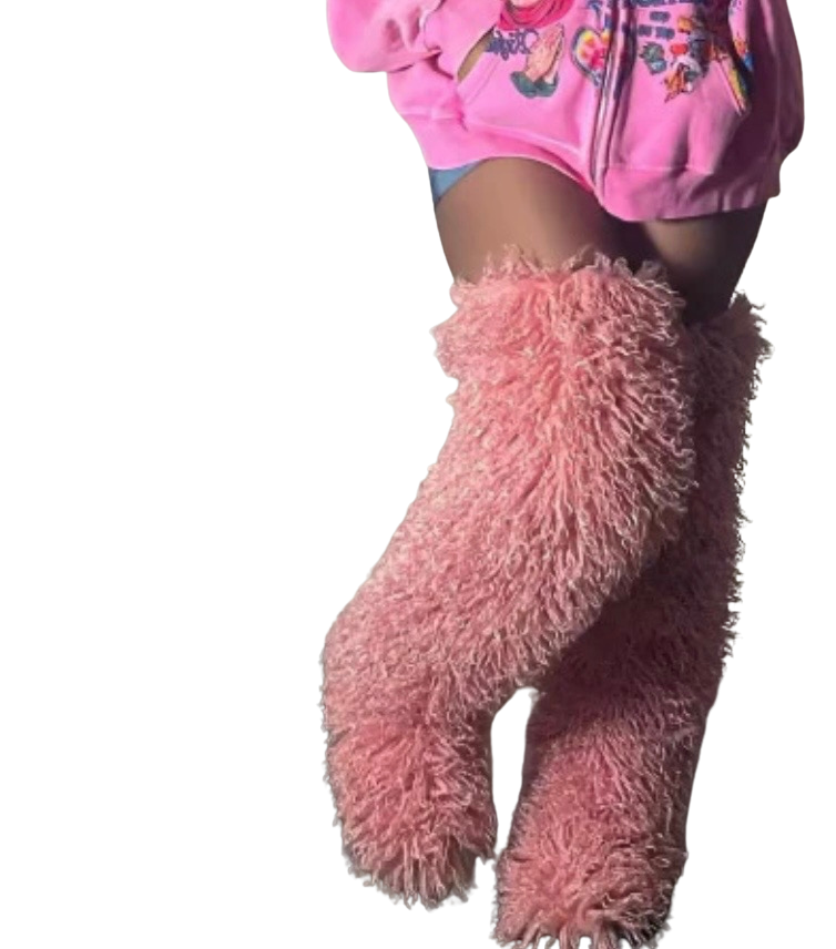 BabyPink Luxe Furry Thigh High Boots