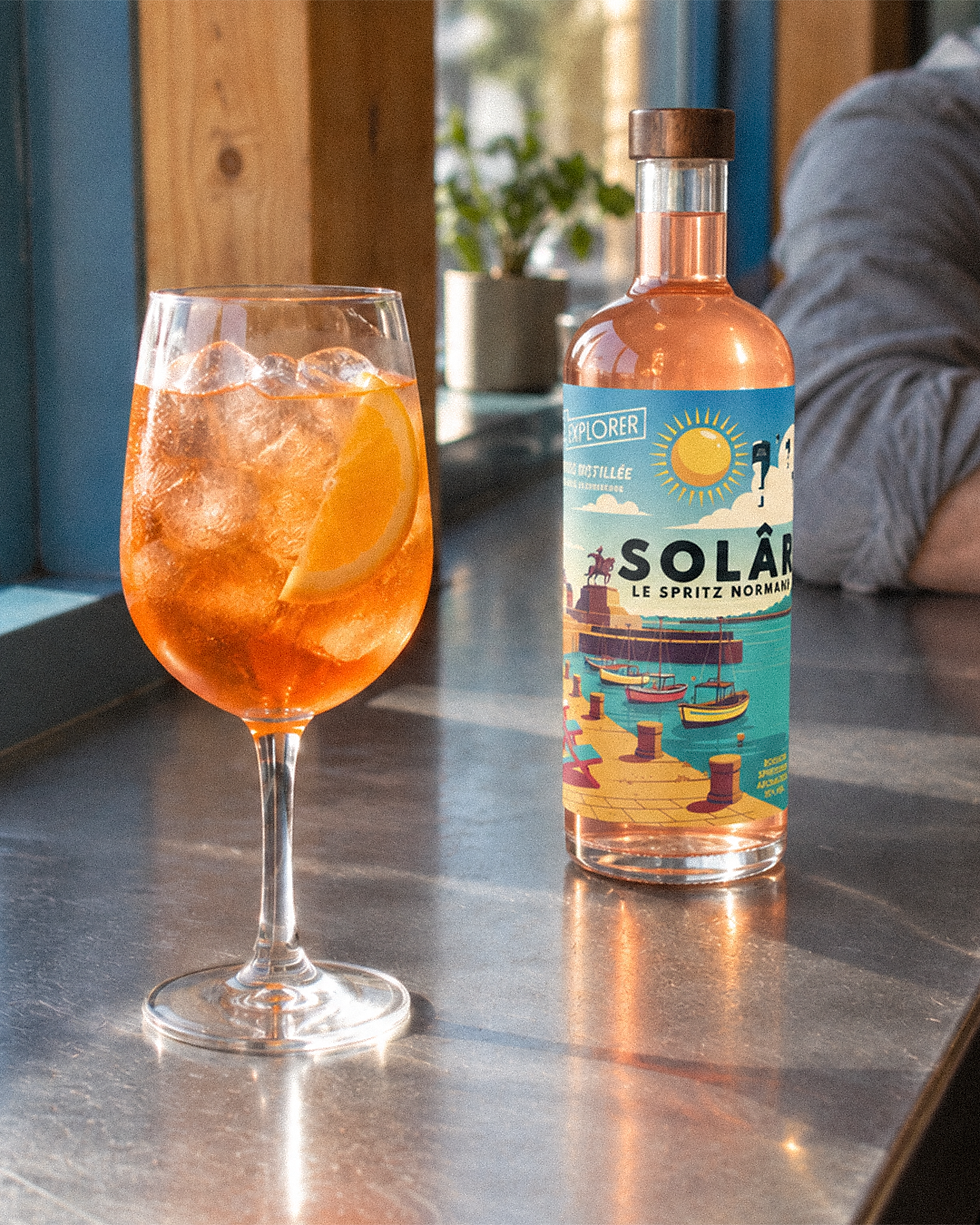 Verre de spritz à l’orange avec une bouteille de SOLÂR, apéritif normand Spirits Explorer