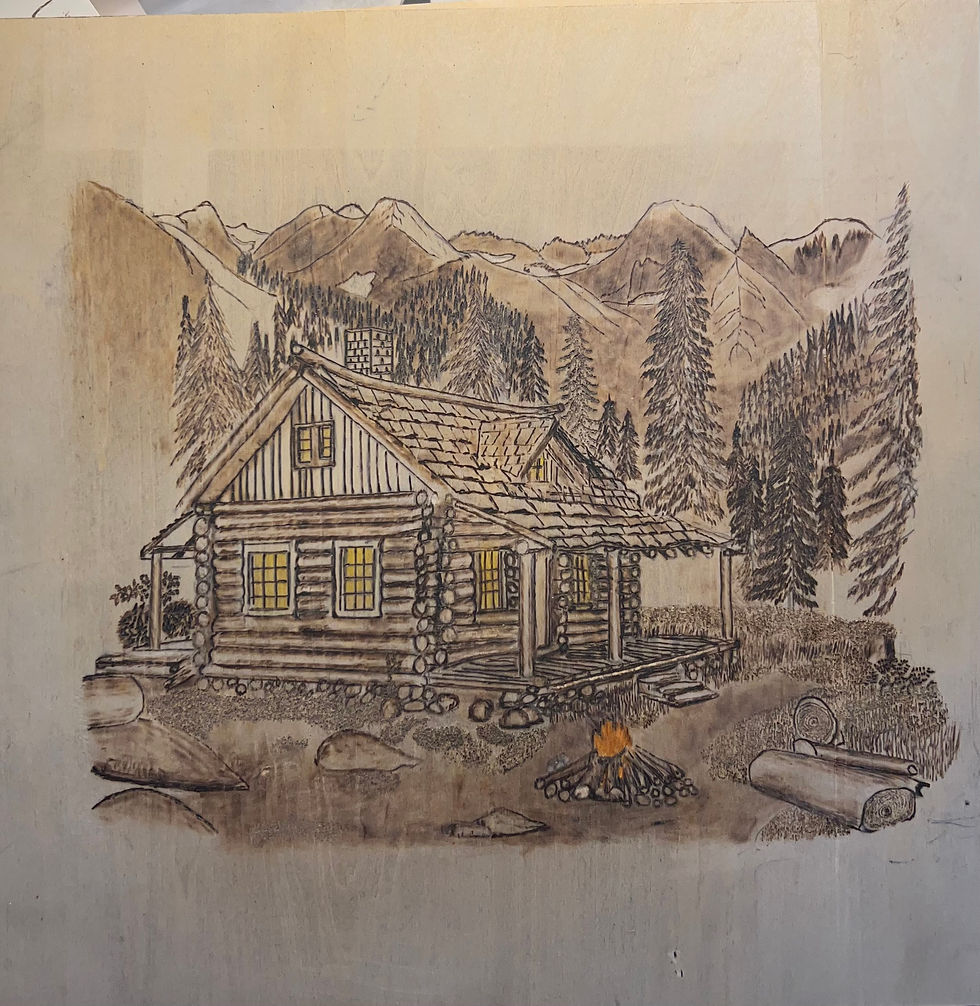 Pyrography Art Cabin by Camp Fire is a well put together handcrafted custom piece wood burned in the mountains and has a camp