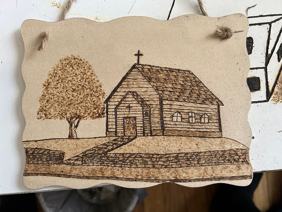 Pyrography Art The Little Church is a handcrafted custom picture of a small church in a country setting. Wood burned with viv