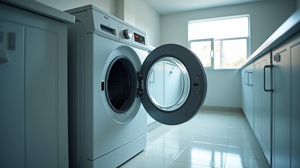 Eye-level view of a clean washing machine with open door
