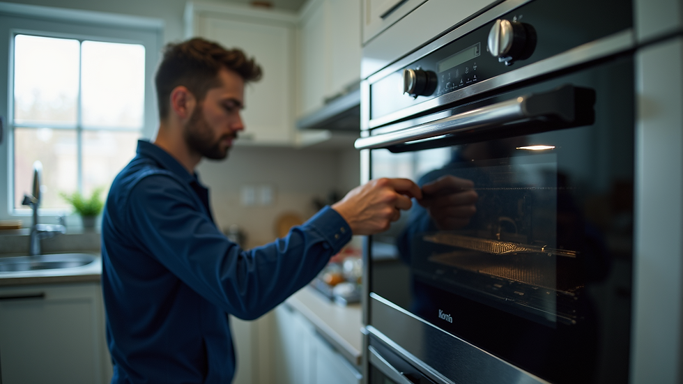 Eye-level view of a technician repairing a kitchen appliance