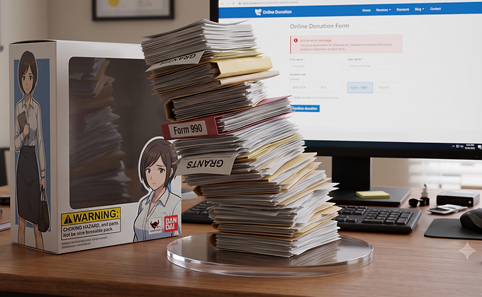 Messy desk with sign-up sheets, paper forms, and inbox overflow.