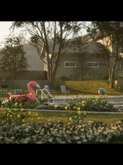 3d art outsourcing environment - snoop dogg crip ya enthusiasm - pool and pink flamingo prop with organic foliage