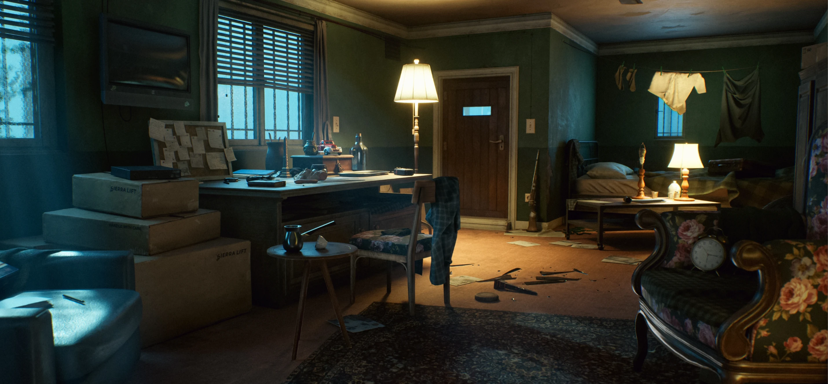 Adventure-themed room with vintage explorer props - moody, atmospheric lighting