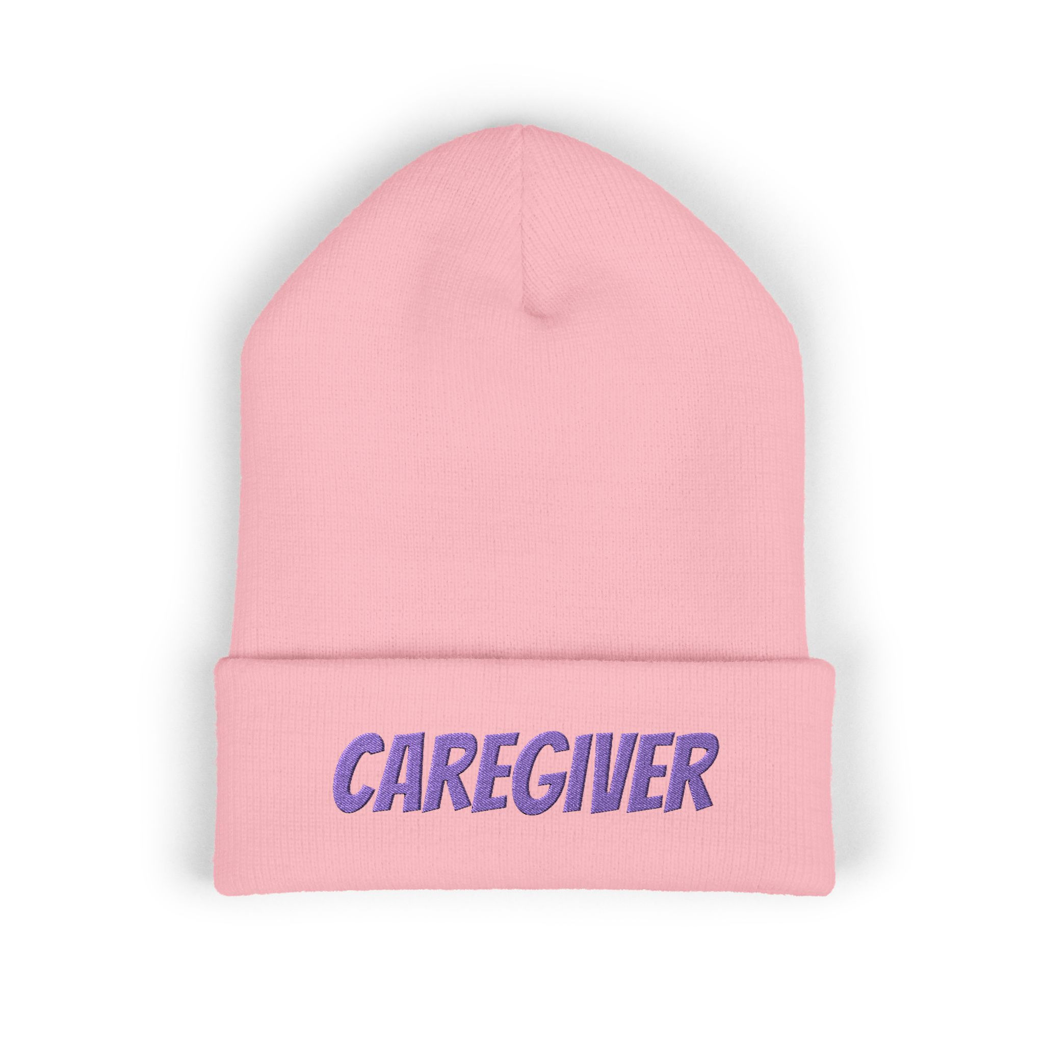 Caregiver Embroidered Cuffed Beanie — Warm Knit Hat w/Purple Stitching