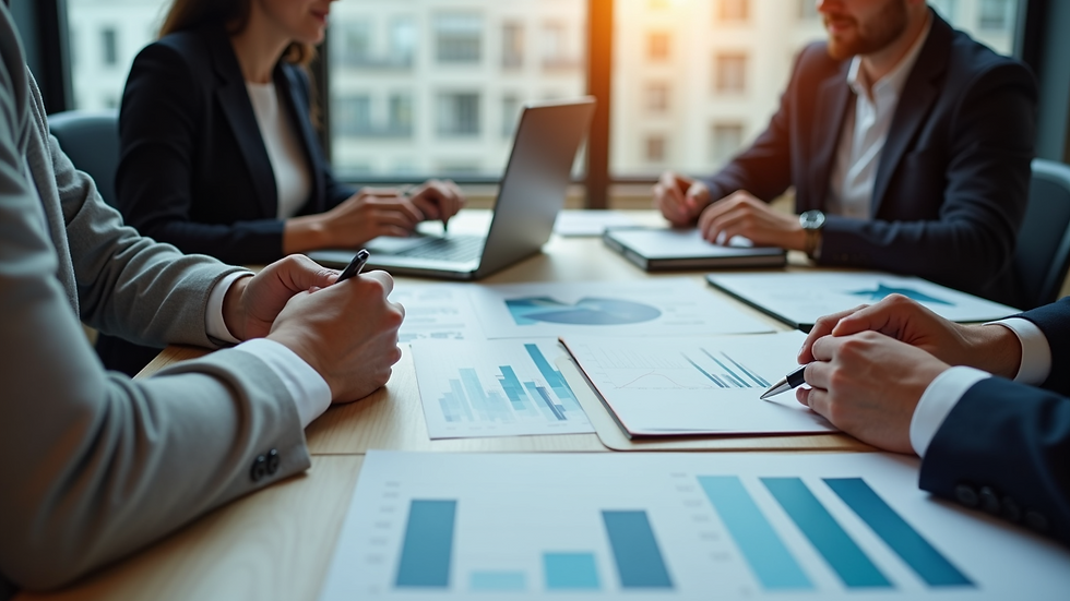 High angle view of a business meeting discussing payroll strategy with charts and laptops