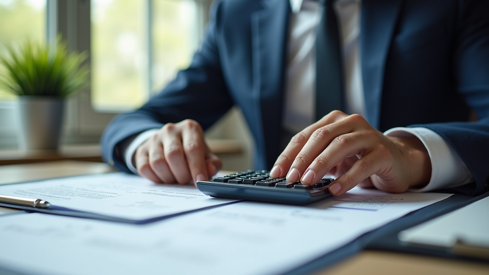 Close-up view of a business professional reviewing payroll documents with a calculator