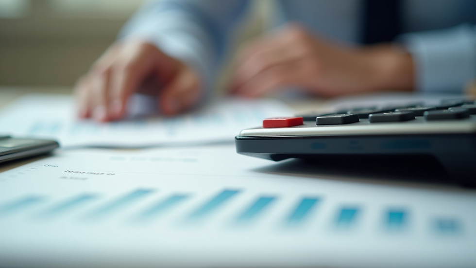 Close-up view of financial documents and calculator on a desk