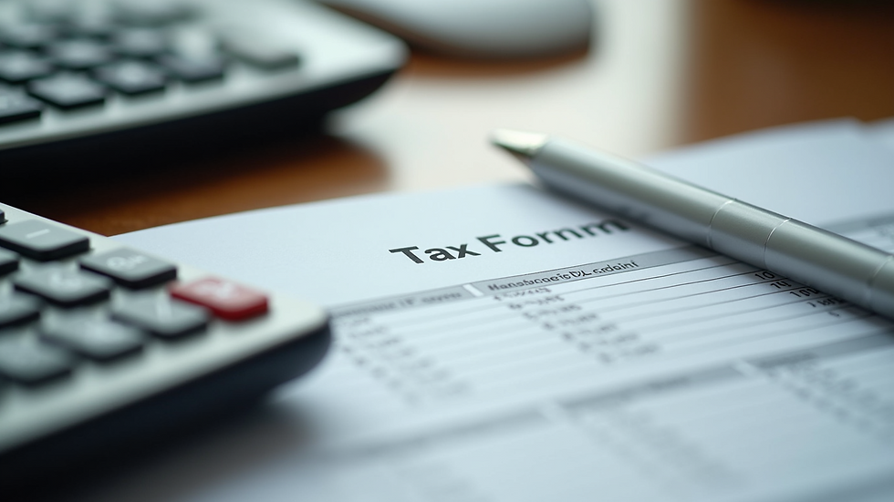 Close-up view of a calculator and tax forms on a desk