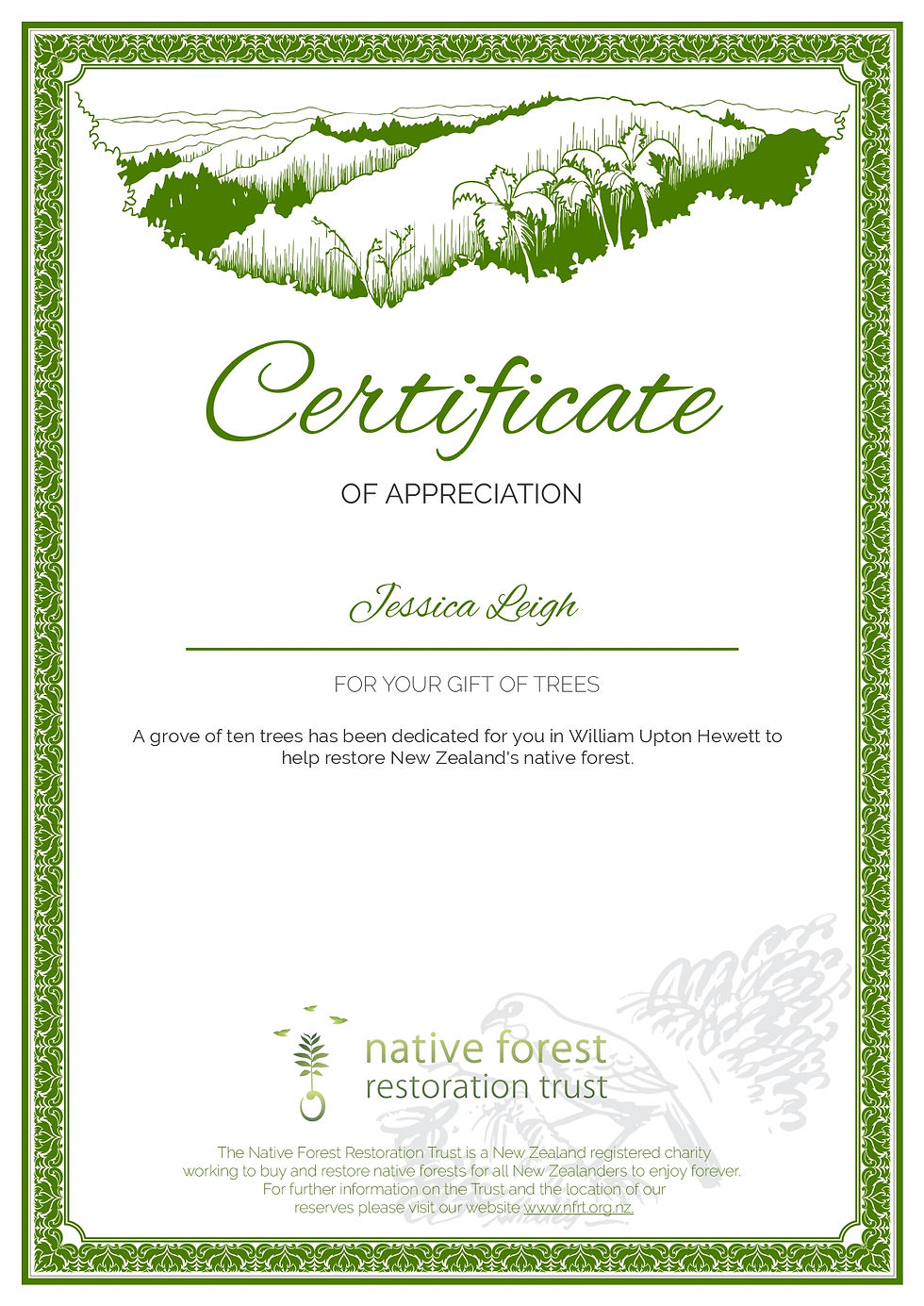 A certificate of appreciate for Tree Donations