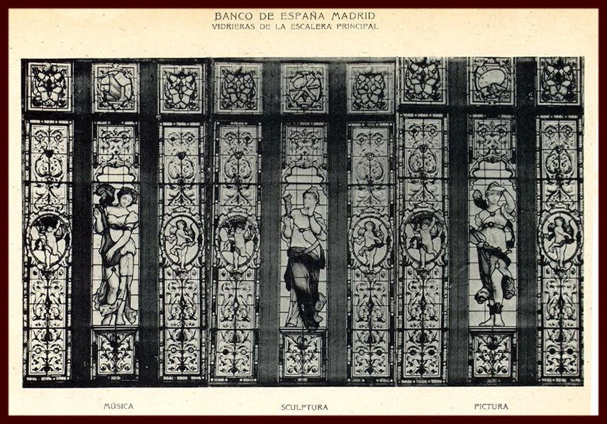 Maumejean stained glass windows of the main staircase of the Banco de España, Madrid: Music, Sculpture, Painting
