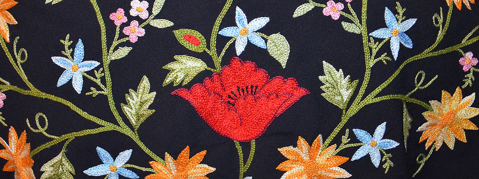 Embroidered flowers in coloured thread on a dark ground