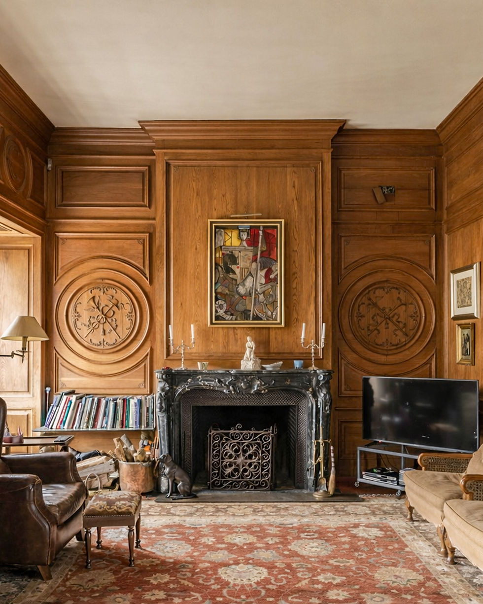 Wood-panelled room with carved panels and fireplace at the Quinta de São Sebastião