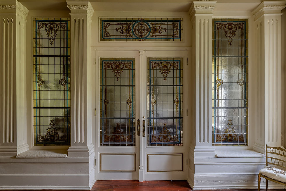 Maumejean stained glass doors in the dining room of the Mistress's Palace, Elvas