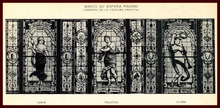 Maumejean stained glass at the Banco de España: Labour, Felicity, Glory
