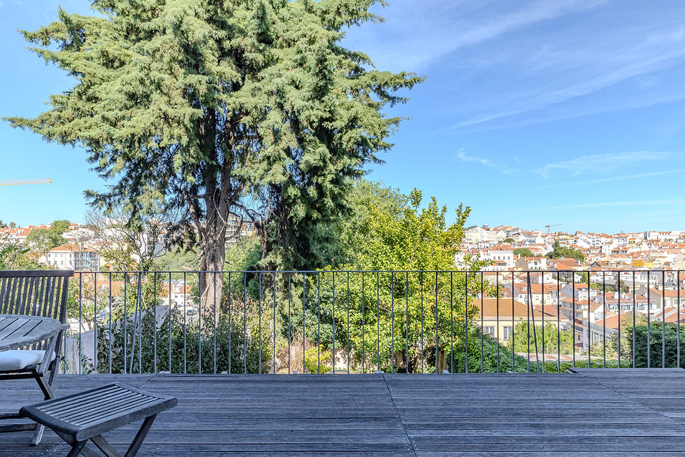 Covered roof terrace with a timber deck in an apartment in Estrela, Lisbon