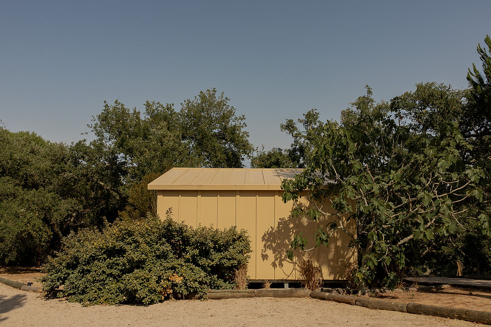 Independent timber guest cabins with private decks at a rural tourism property in Melides, Portugal.