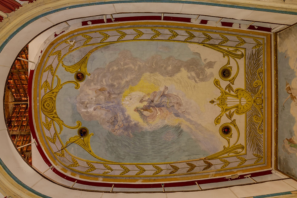 Painted ceiling of the Teatro Portalegrense with figures among clouds and gilded scrolls