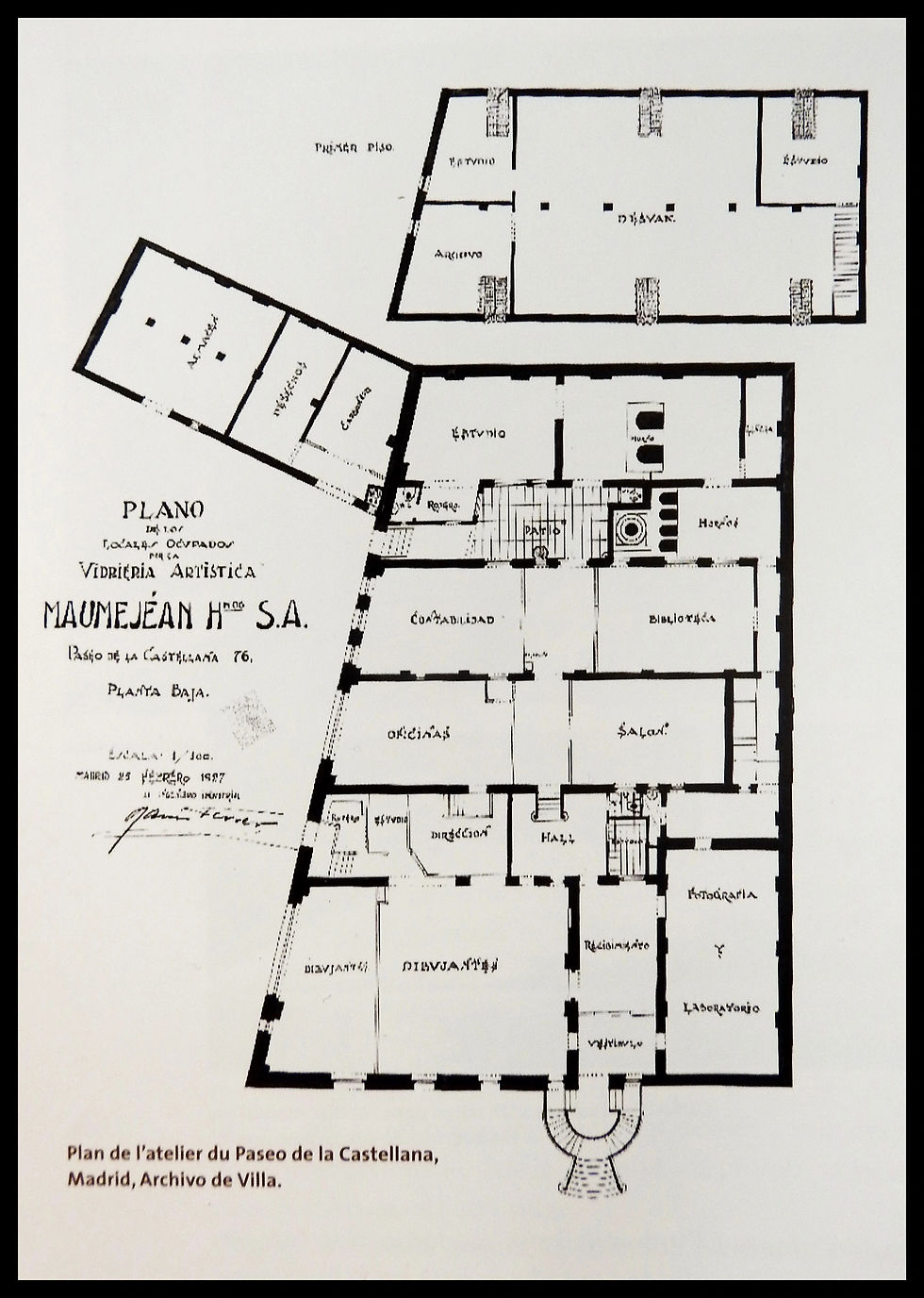 1927 plan of the Maumejean stained-glass workshop on the Paseo de la Castellana, Madrid