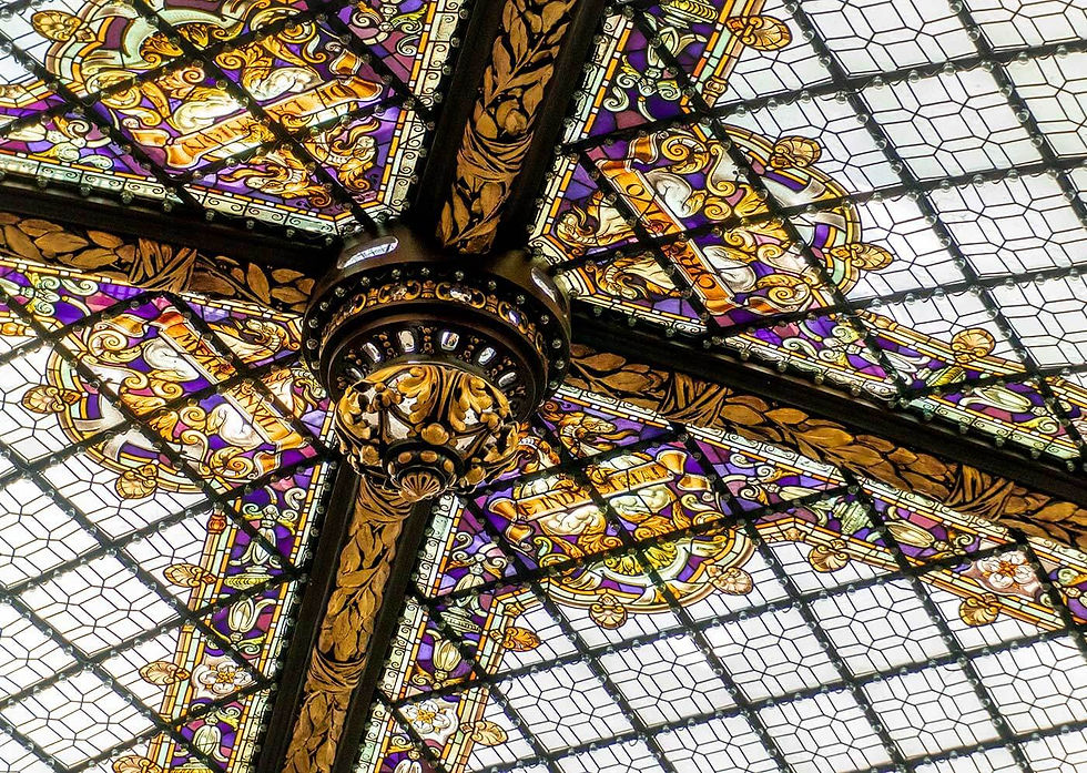 Maumejean stained glass crowning the atrium of the Casino Gran Vía in Madrid