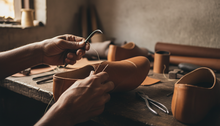 Close-up view of leather shoe uppers being stitched by hand in Agra