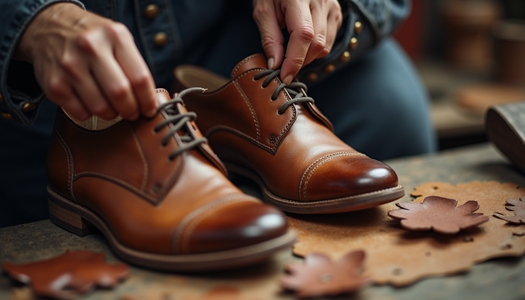 Eye-level view of a traditional Indian shoe workshop with artisans crafting leather shoes