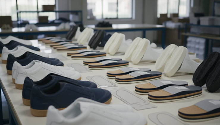 Close-up view of sneaker uppers and soles arranged for batch production