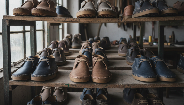 Eye-level view of finished casual shoes placed in small production batches
