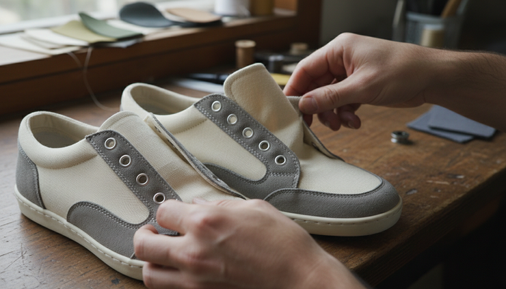 Close-up view of unbranded sneaker uppers being checked by hand.