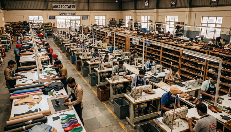 Wide-angle view of an Agra footwear production floor with shoemakers working on leather and non-leather shoes
