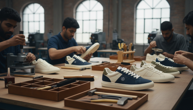 Wide-angle view of a small footwear production table with sneakers being assembled