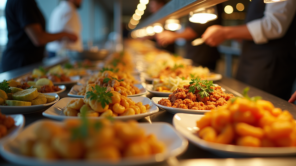 Eye-level view of a corporate catering buffet setup with various dishes