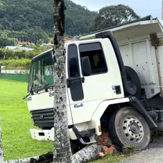 Motorista perde o controle e colide caminhão contra palmeiras na Avenida 21 de Janeiro, em Pomerode