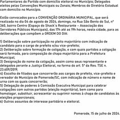 EDITAL CONVOCAÇÃO CONVENÇÃO PRESENCIAL DO PARTIDO MDB DE POMERODE - 18 de Julho de 2024