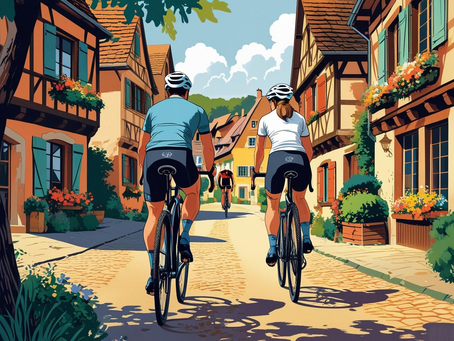 deux cyclistes en vélo gravel dans les rues d'un village d'Alsace