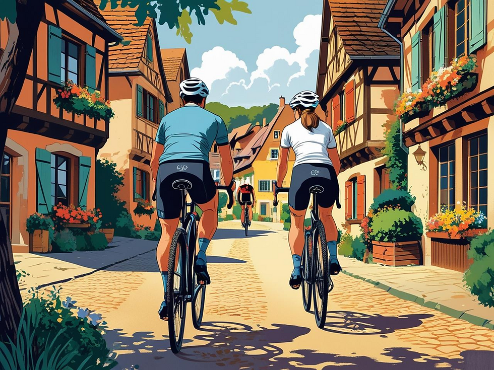 deux cyclistes en vélo gravel dans les rues d'un village d'Alsace