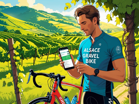 Cycliste qui utilise l'application Komoot dans les vignes en Alsace
