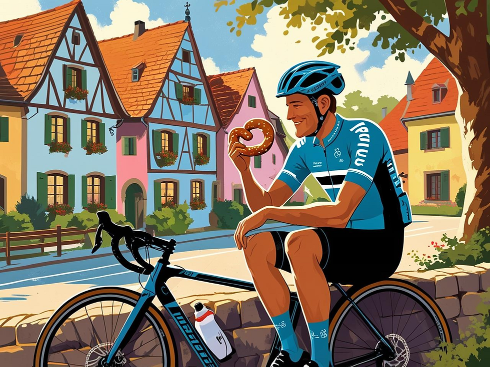 Un cycliste mange un bretzel dans un village alsacien