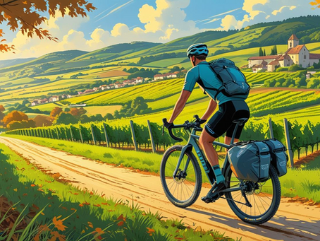 Un cycliste dans les vignes d'Alsace en gravel en train de faire du bikepacking