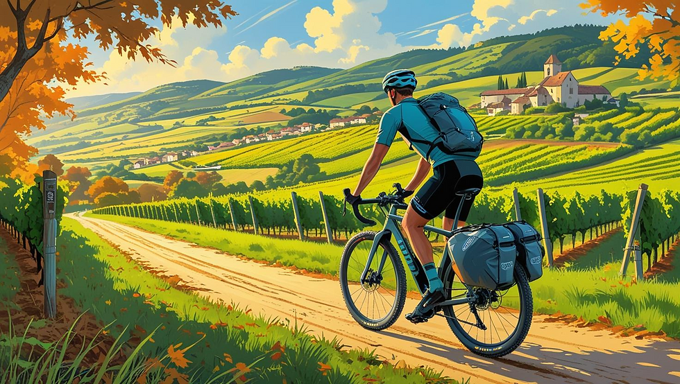 Un cycliste dans les vignes d'Alsace en gravel en train de faire du bikepacking