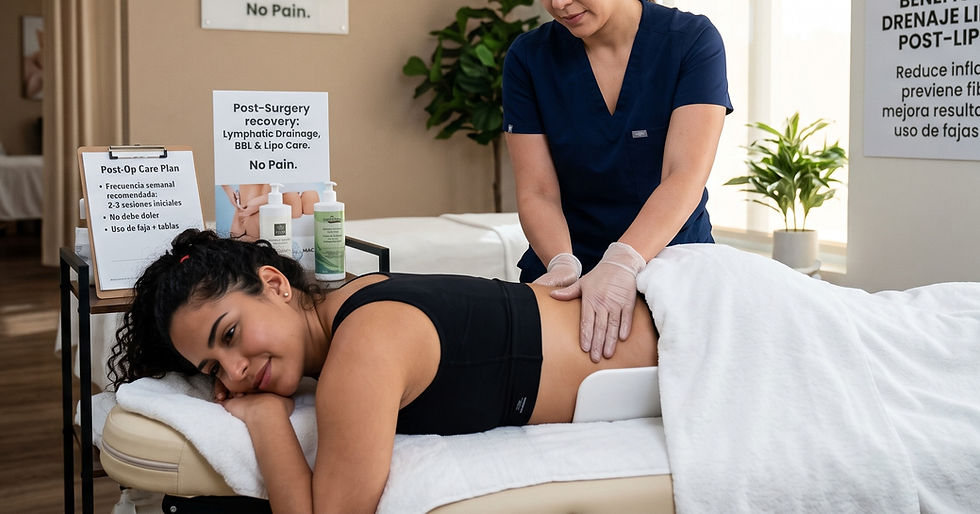 Especialista realizando drenaje linfatico suave postoperatorio tras liposuccion a domicilio