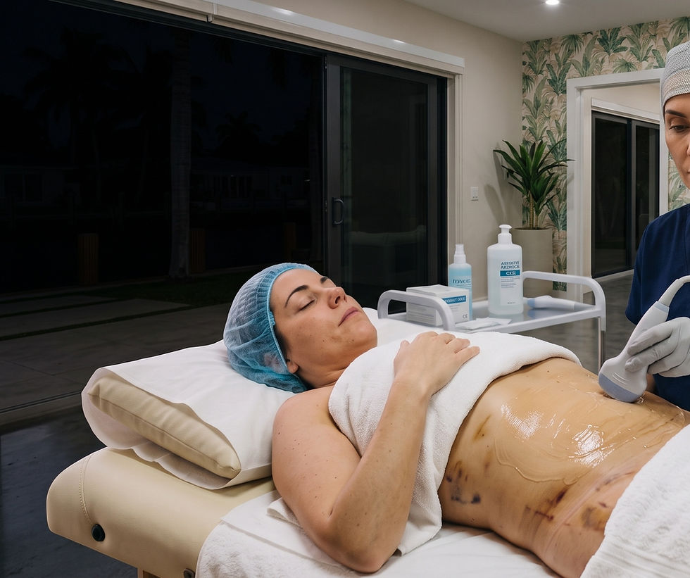 Especialista aplicando tratamiento de ultrasonido en abdomen post liposucción para eliminar la fibrosis en Miami