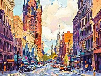 Vibrant cityscape painting capturing a bustling street scene with tall buildings and colorful autumn foliage under the warm glow of the sun.