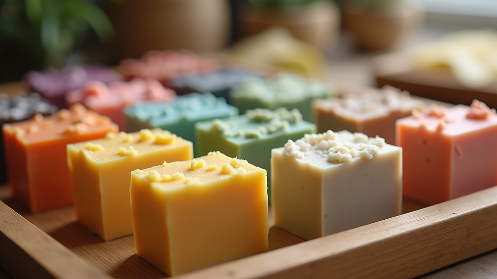 Close-up view of a collection of colorful handmade soaps arranged on a wooden tray