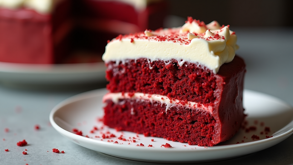 Close-up view of a slice of red velvet cake topped with cream cheese frosting